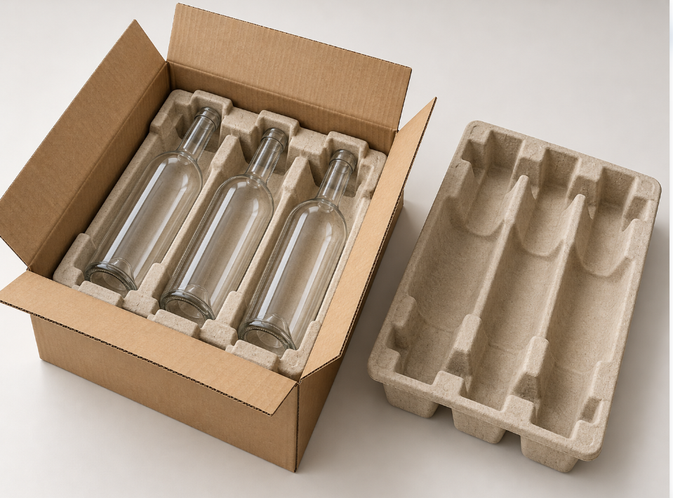 Drei Glasflaschen in einer Fasergussverpackung mit getrennten Schutzmulden